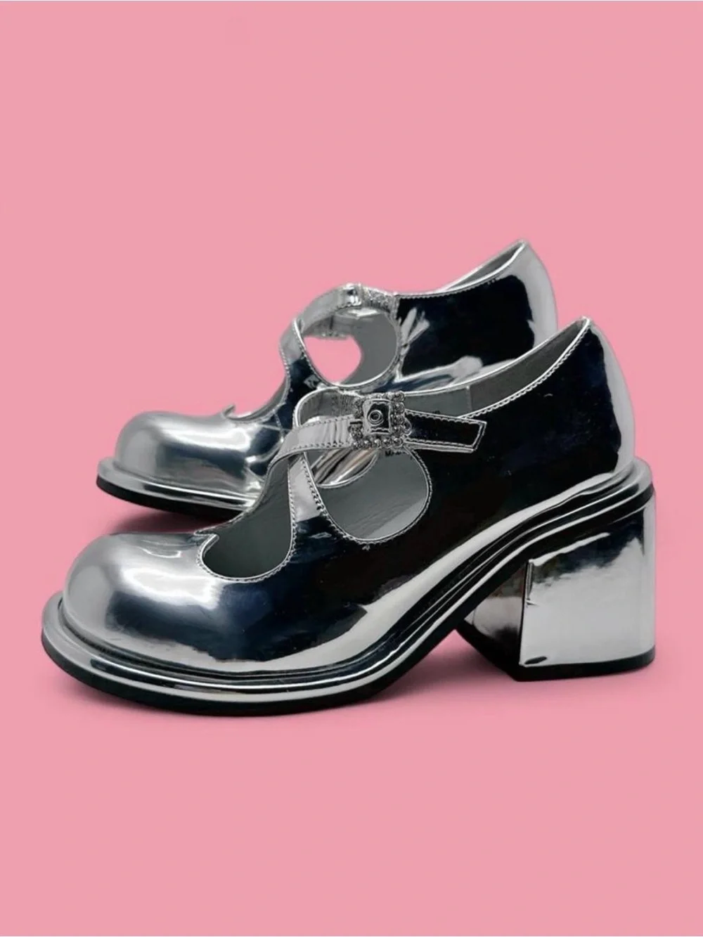 Dolls Kill Sugar Thrillz Metallic Silver Mary Janes Platforms Vegan Leather US 7
